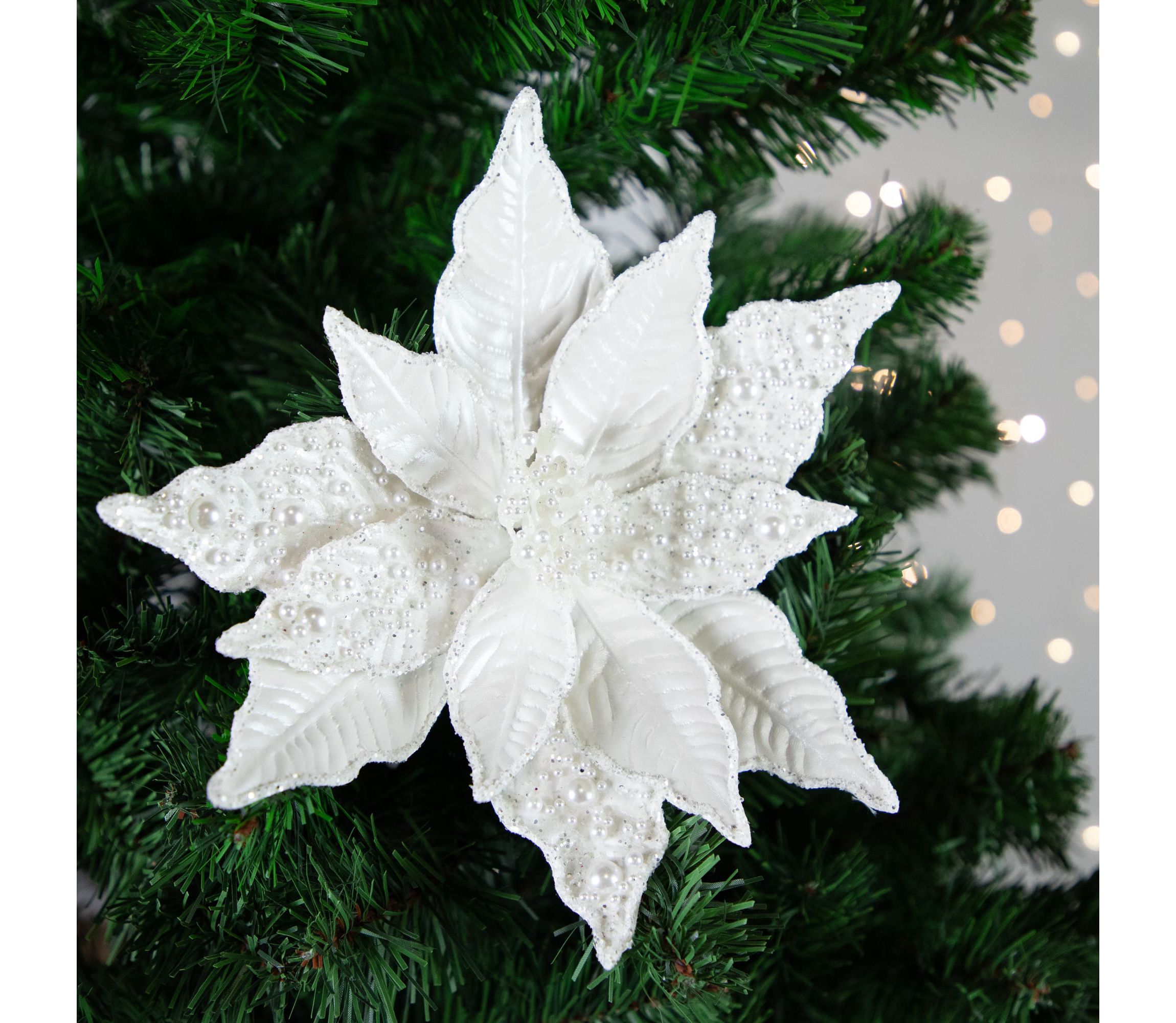 22inch Pearl White Glittered Poinsettia Christmas Stem Spray