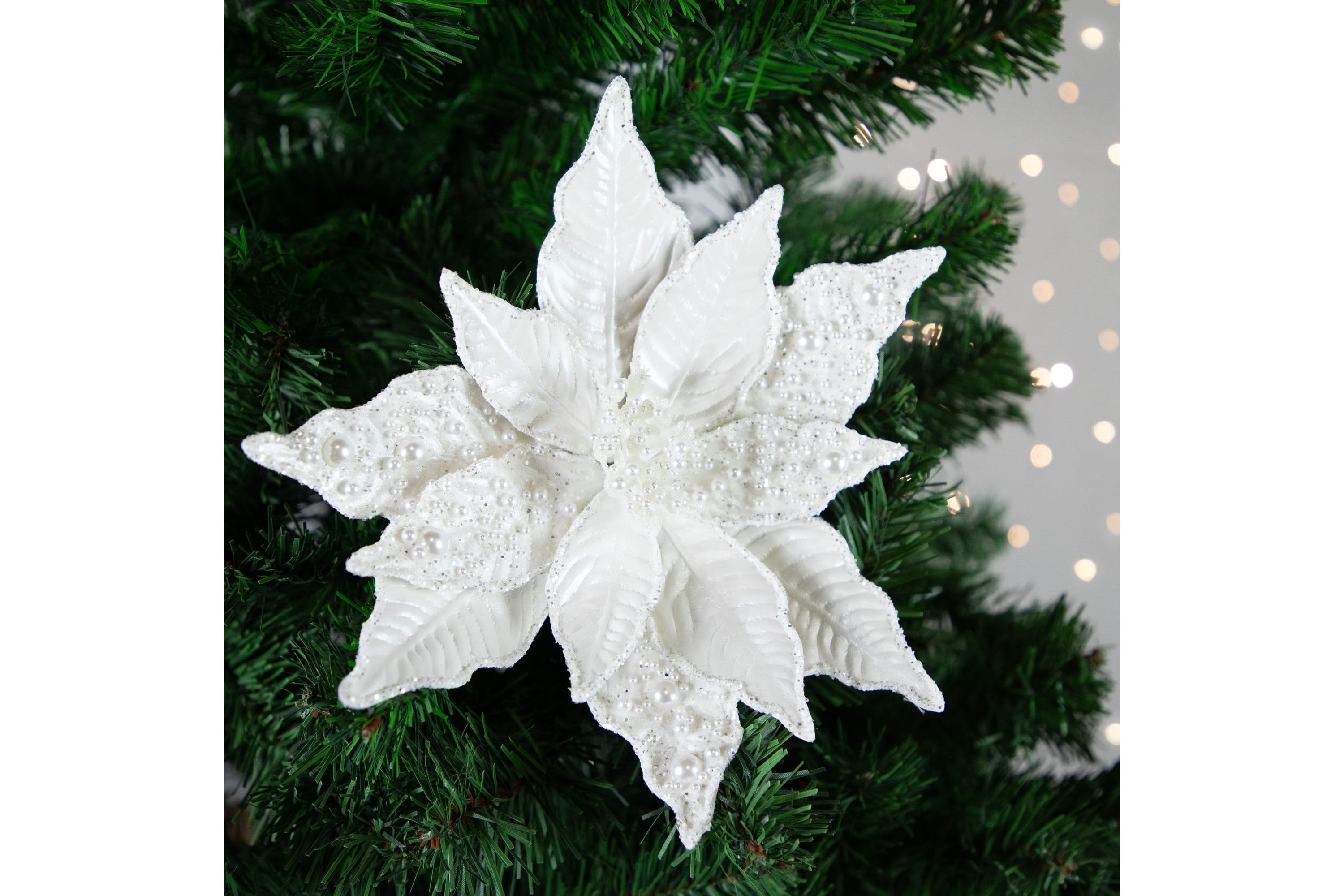 22inch Pearl White Glittered Poinsettia Christmas Stem Spray