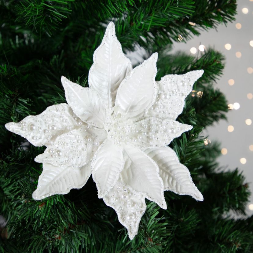 22inch Pearl White Glittered Poinsettia Christmas Stem Spray