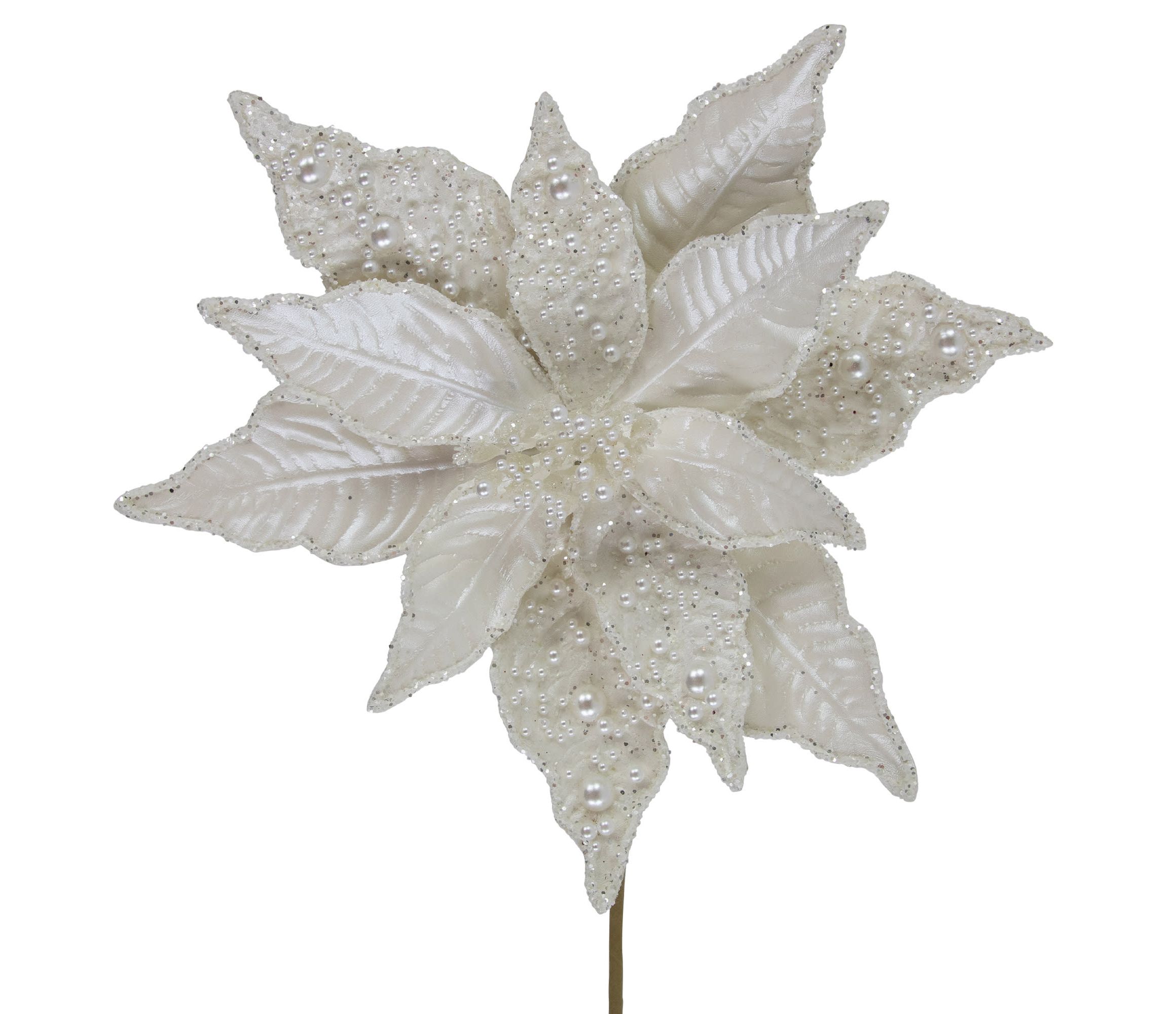 22inch Pearl White Glittered Poinsettia Christmas Stem Spray