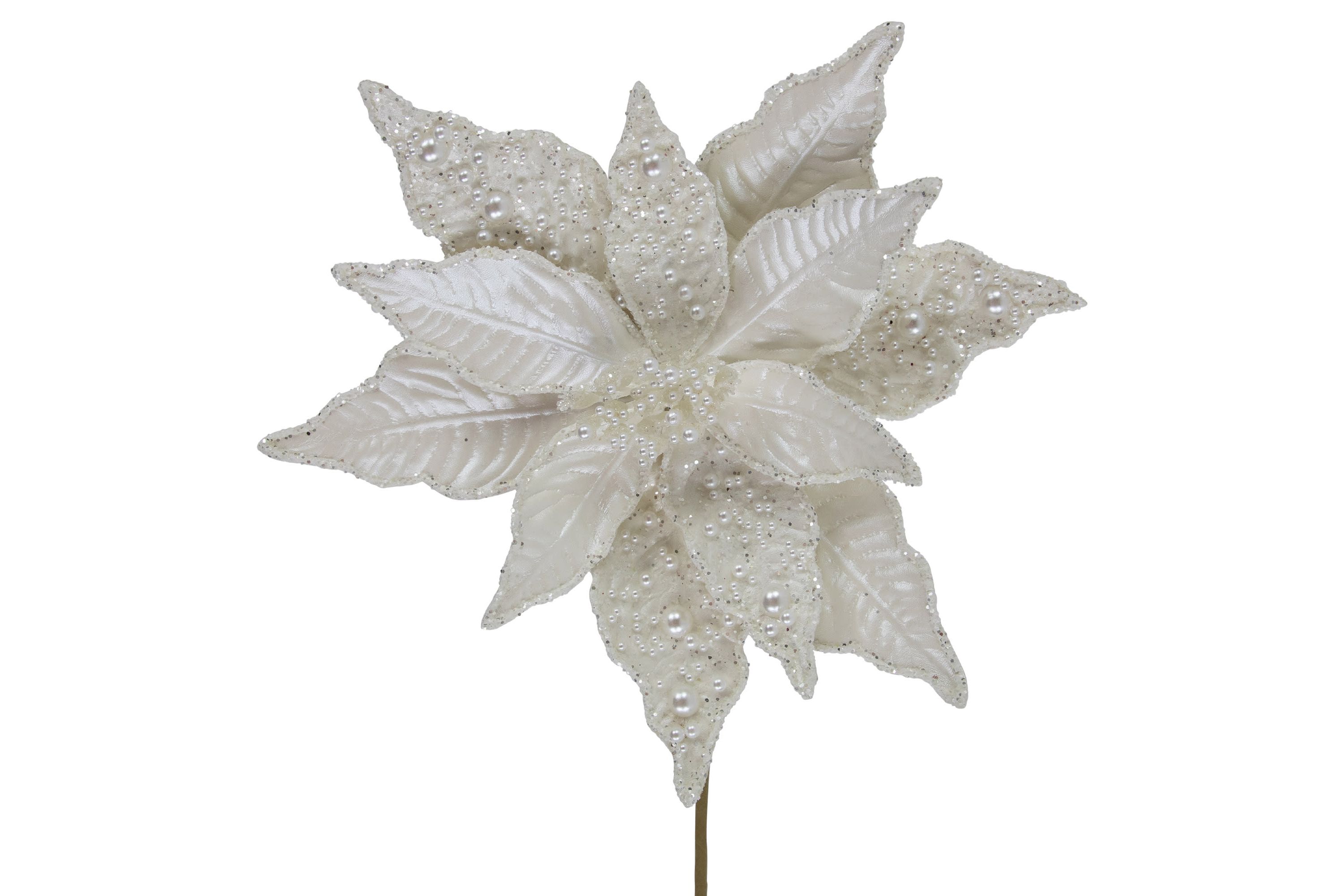 22inch Pearl White Glittered Poinsettia Christmas Stem Spray