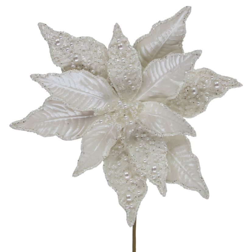 22inch Pearl White Glittered Poinsettia Christmas Stem Spray