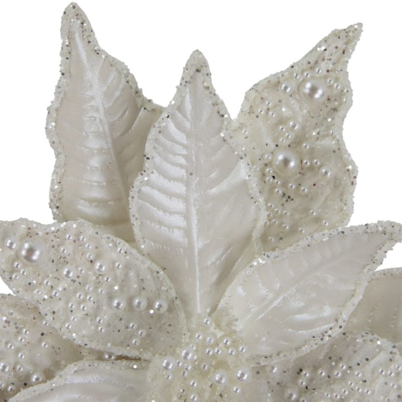22inch Pearl White Glittered Poinsettia Christmas Stem Spray