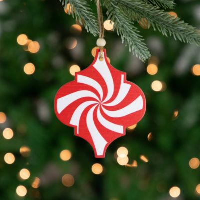 4.5inch Red and White Candy Cane Swirl Bauble Wooden Christmas Ornament