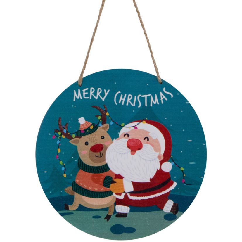 8inch Santa and Reindeer "Merry Christmas" Disc Ornament