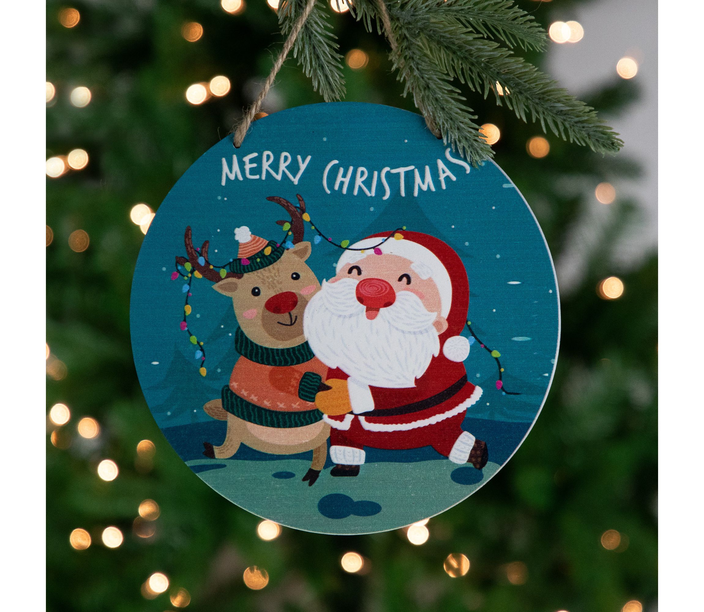 8inch Santa and Reindeer "Merry Christmas" Disc Ornament