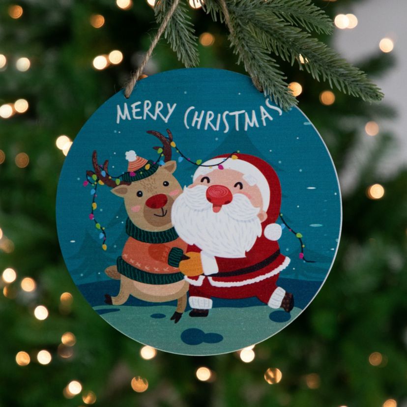 8inch Santa and Reindeer "Merry Christmas" Disc Ornament