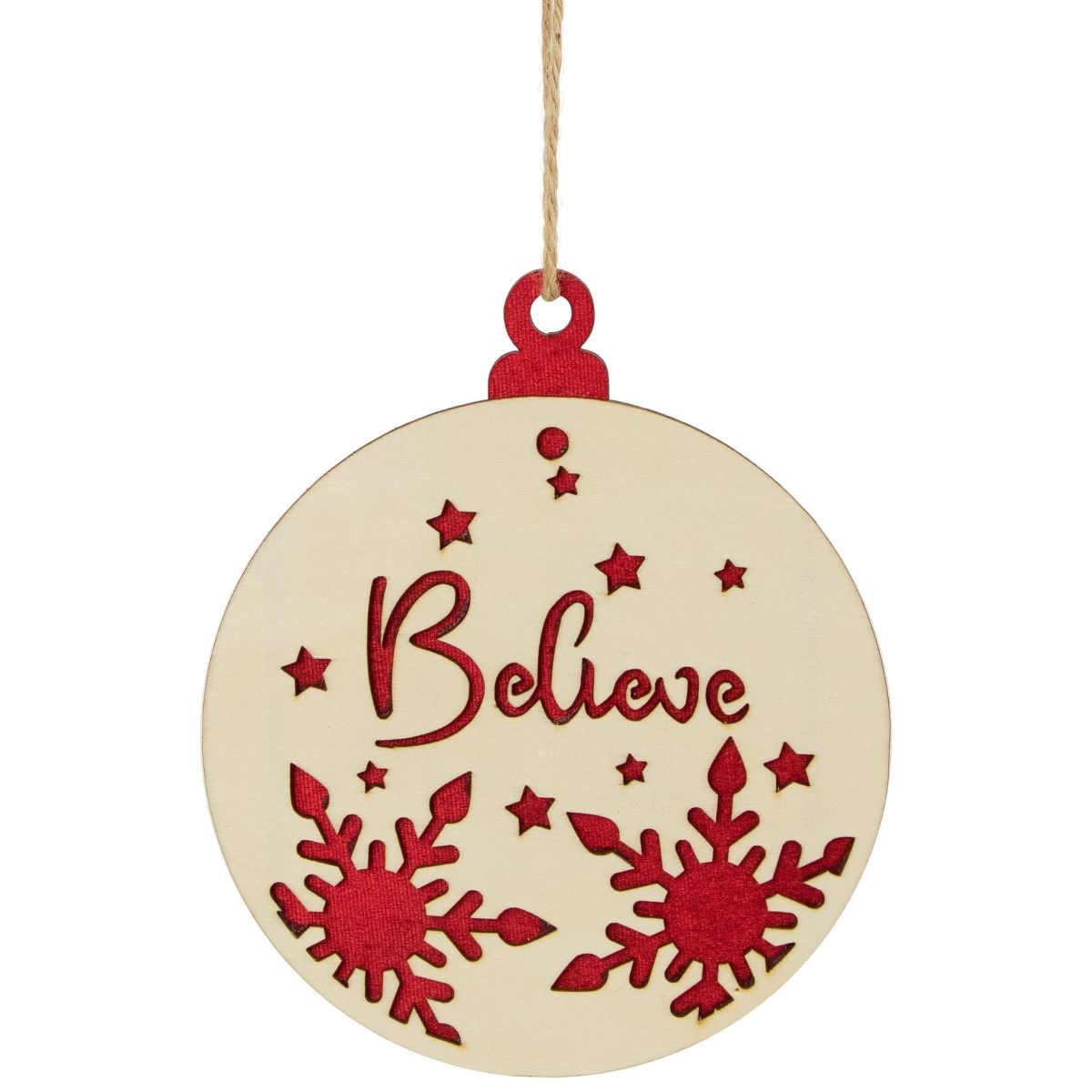 7inch Round "Believe" Christmas Ornament Disc with Snowflake and Star Cutouts
