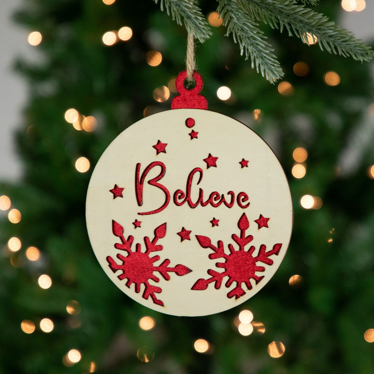7inch Round "Believe" Christmas Ornament Disc with Snowflake and Star Cutouts