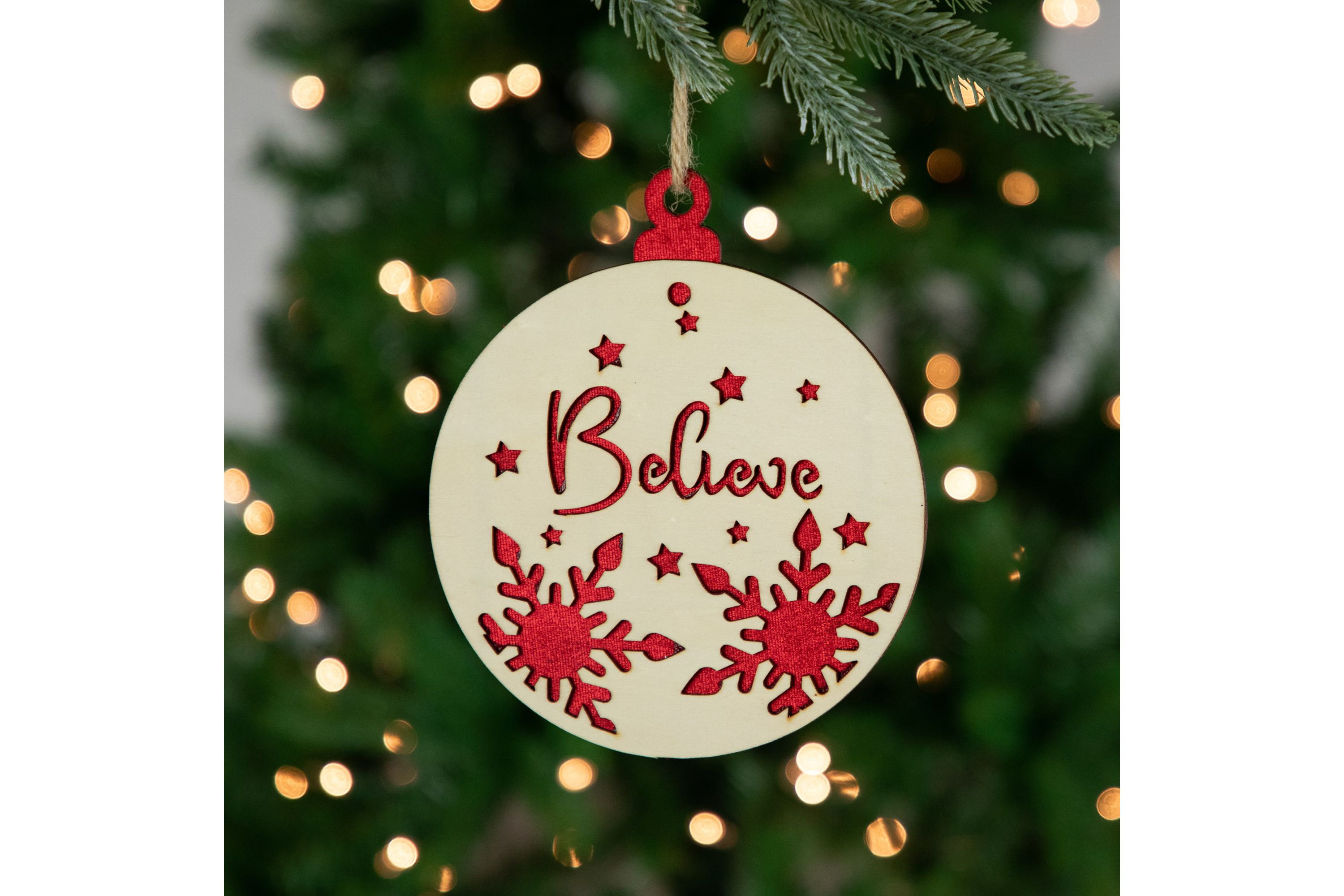 7inch Round "Believe" Christmas Ornament Disc with Snowflake and Star Cutouts
