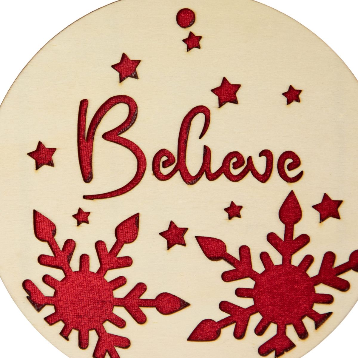 7inch Round "Believe" Christmas Ornament Disc with Snowflake and Star Cutouts