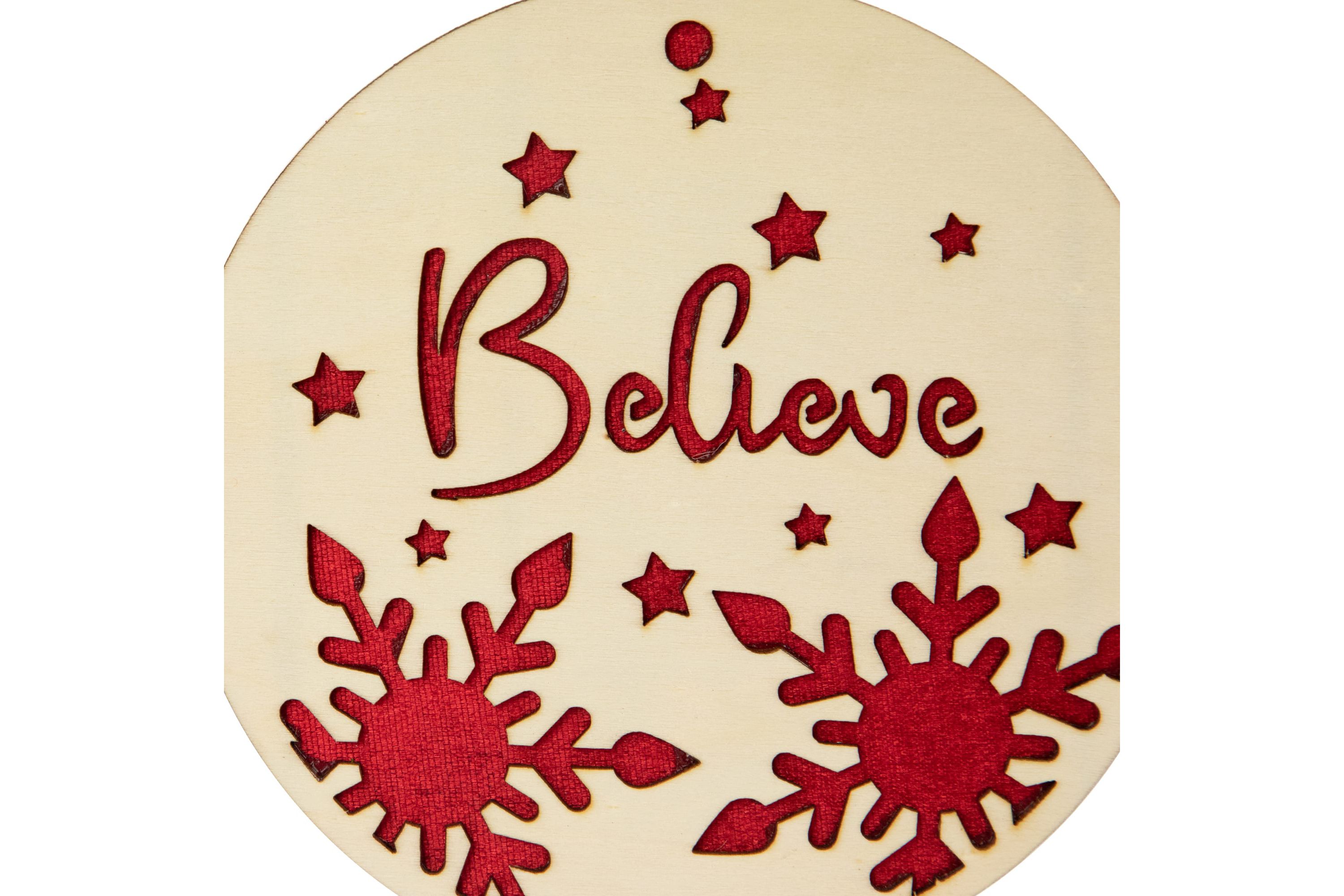 7inch Round "Believe" Christmas Ornament Disc with Snowflake and Star Cutouts