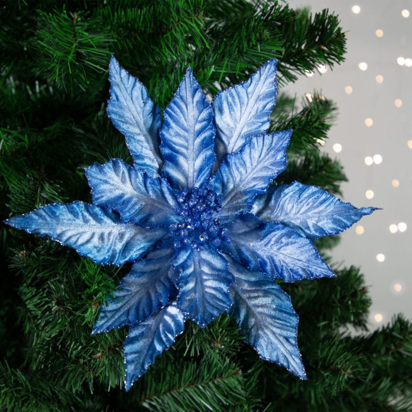 25inch Two Tone Blue Glittered Poinsettia Christmas Stem Spray