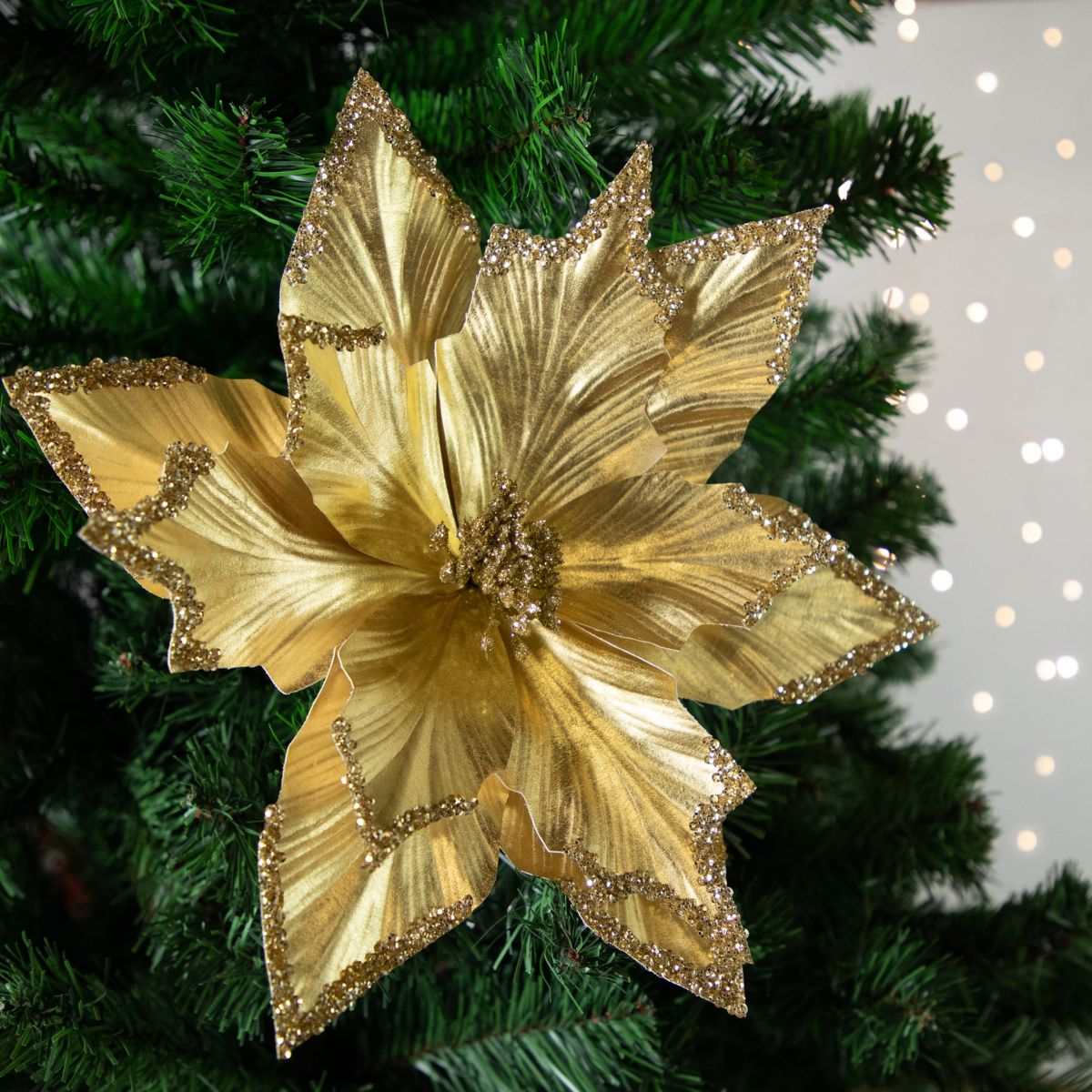 24inch Metallic Gold Sequin Poinsettia Christmas Stem Spray