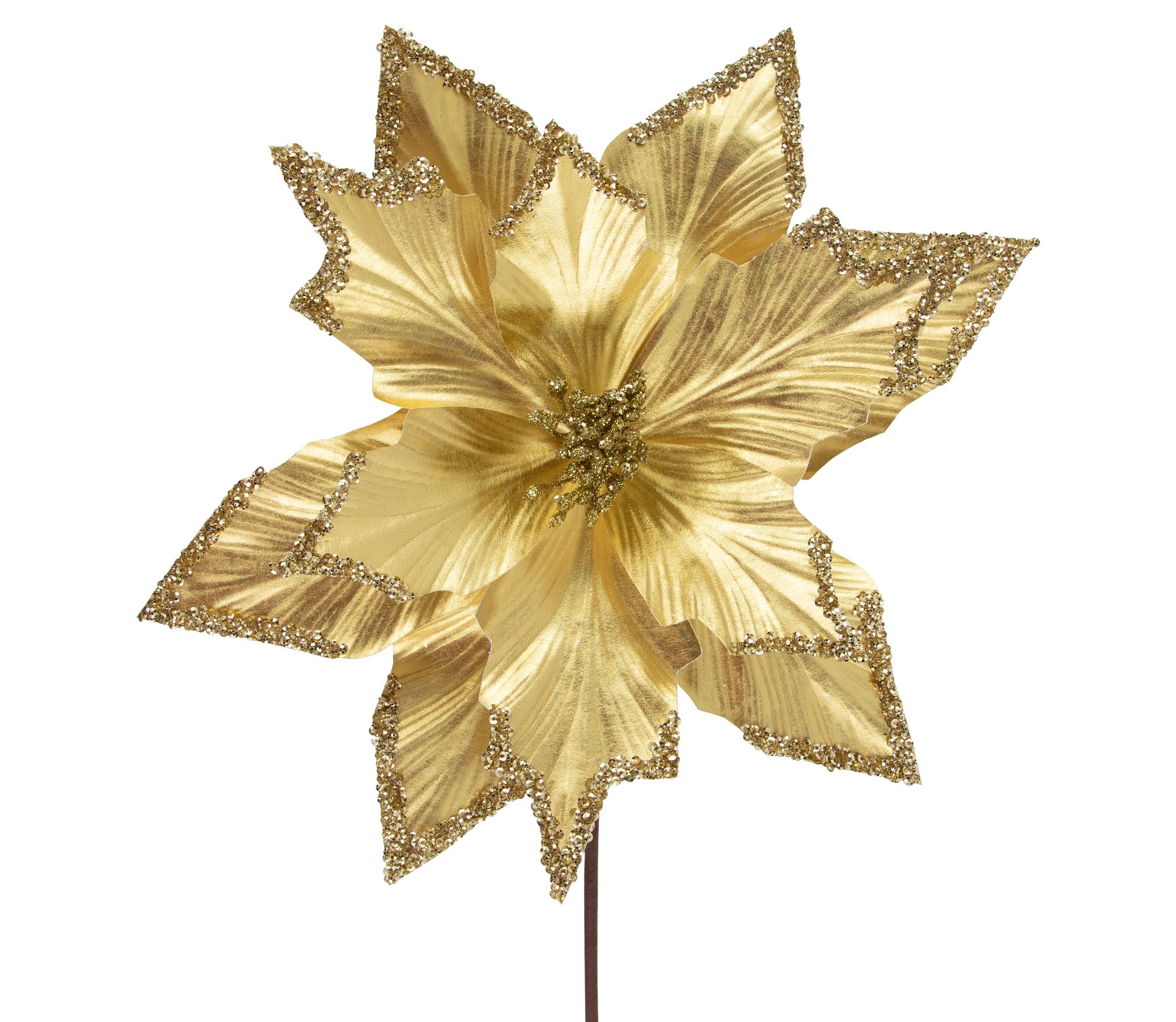 24inch Metallic Gold Sequin Poinsettia Christmas Stem Spray