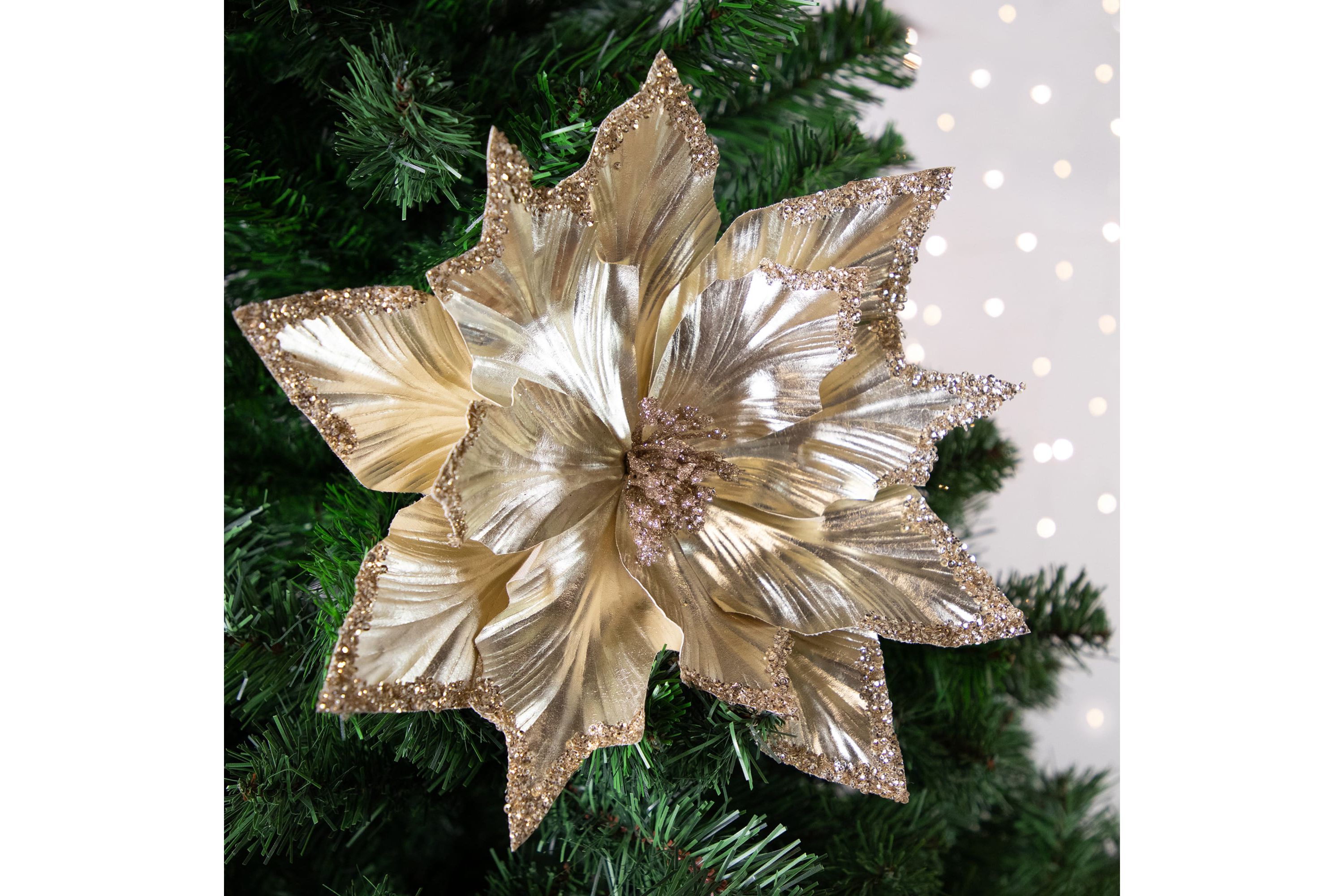 24inch Metallic Champagne Gold Glittered Poinsettia Christmas Stem Spray