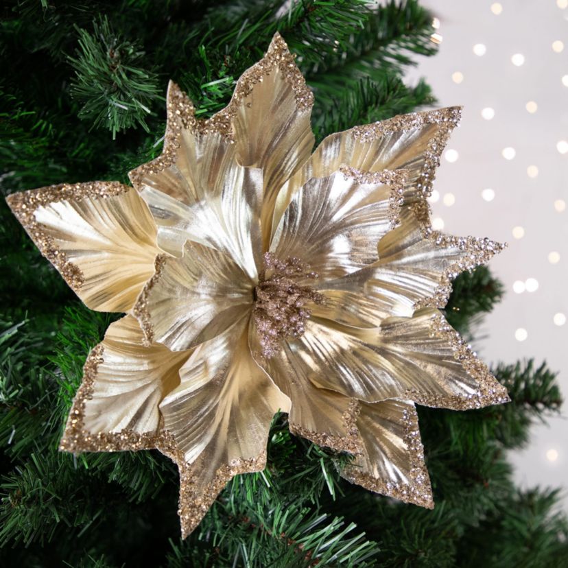 24inch Metallic Champagne Gold Glittered Poinsettia Christmas Stem Spray