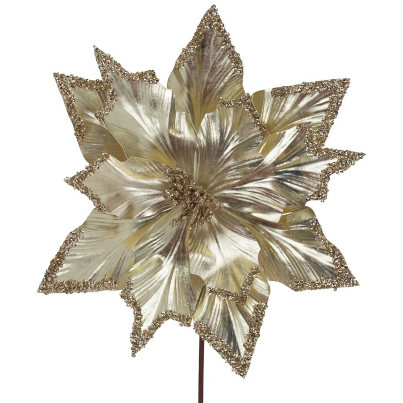 24inch Metallic Champagne Gold Glittered Poinsettia Christmas Stem Spray
