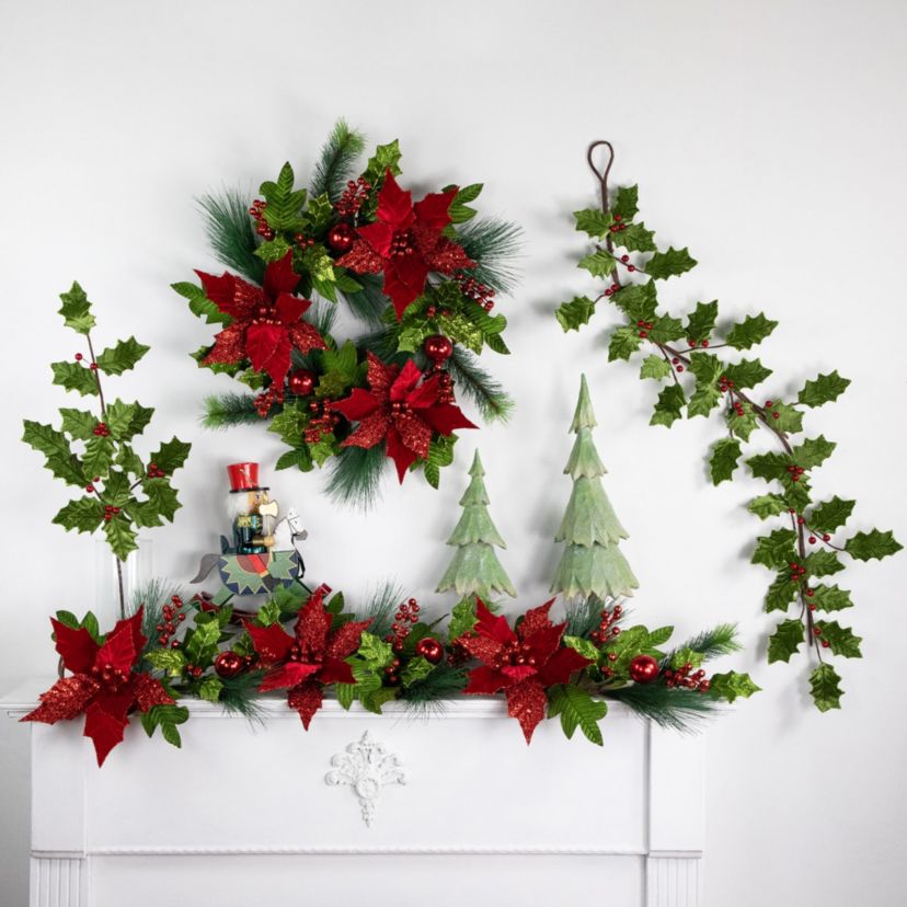Glittered Holly with Berry Christmas Garland - 3.5 x 9" - Unlit
