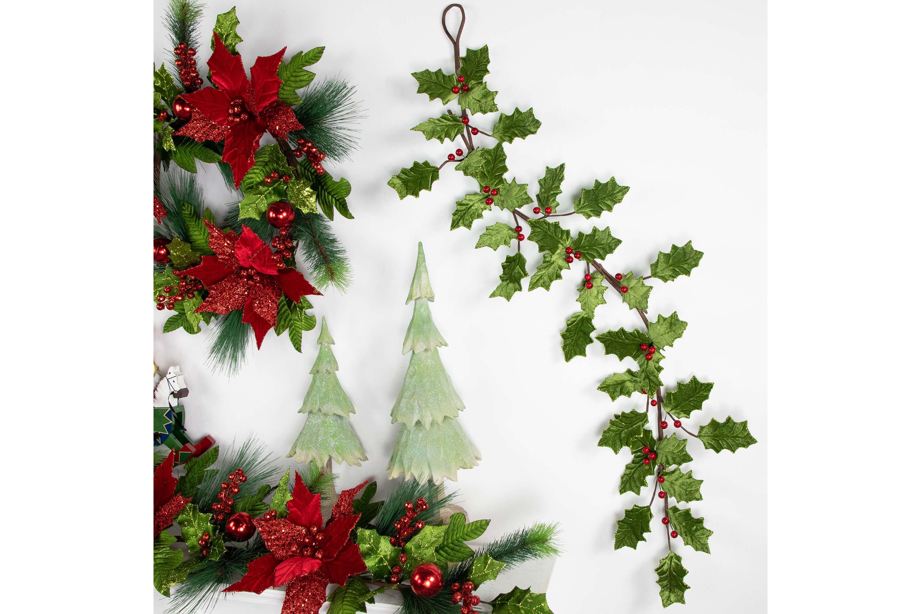 Glittered Holly with Berry Christmas Garland - 3.5 x 9" - Unlit