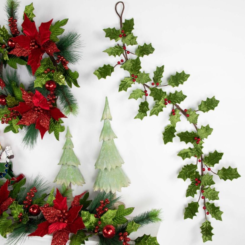 Glittered Holly with Berry Christmas Garland - 3.5 x 9" - Unlit