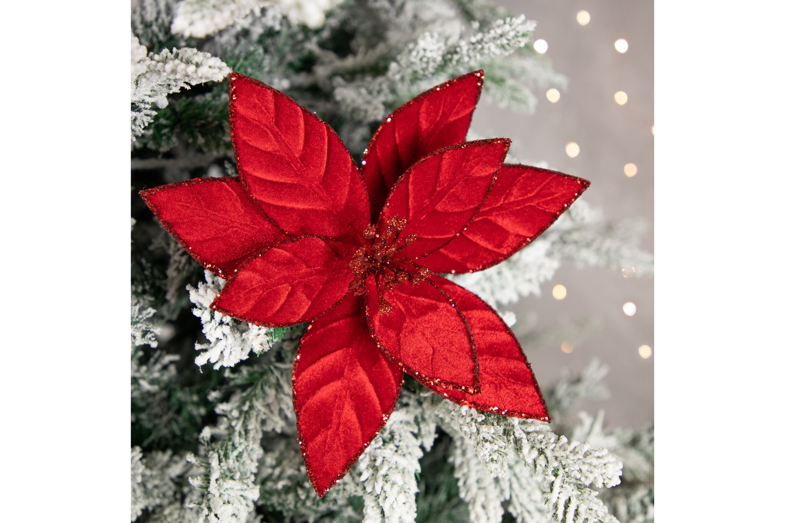 10inch Red Glittered Poinsettia Christmas Floral Pick Clip-On Ornament