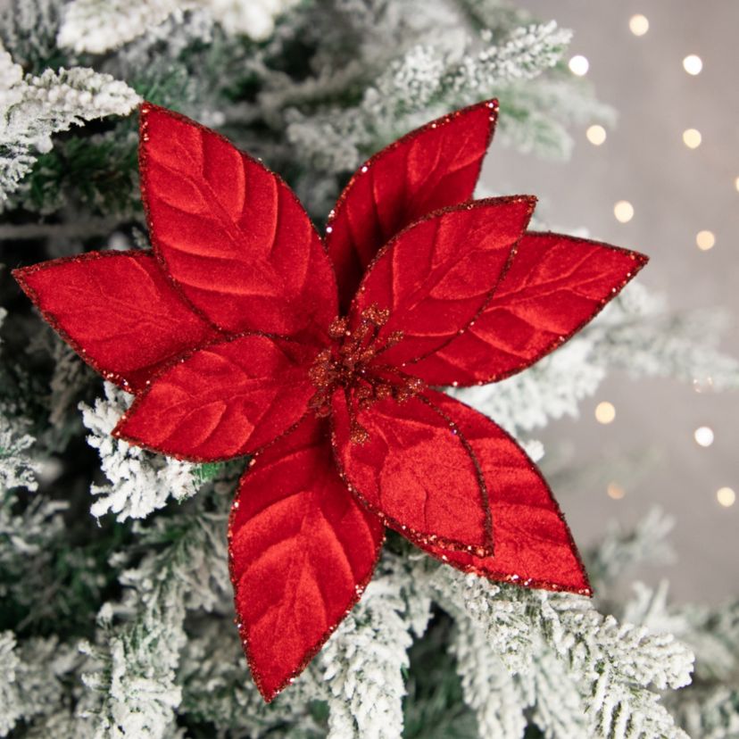 10inch Red Glittered Poinsettia Christmas Floral Pick Clip-On Ornament