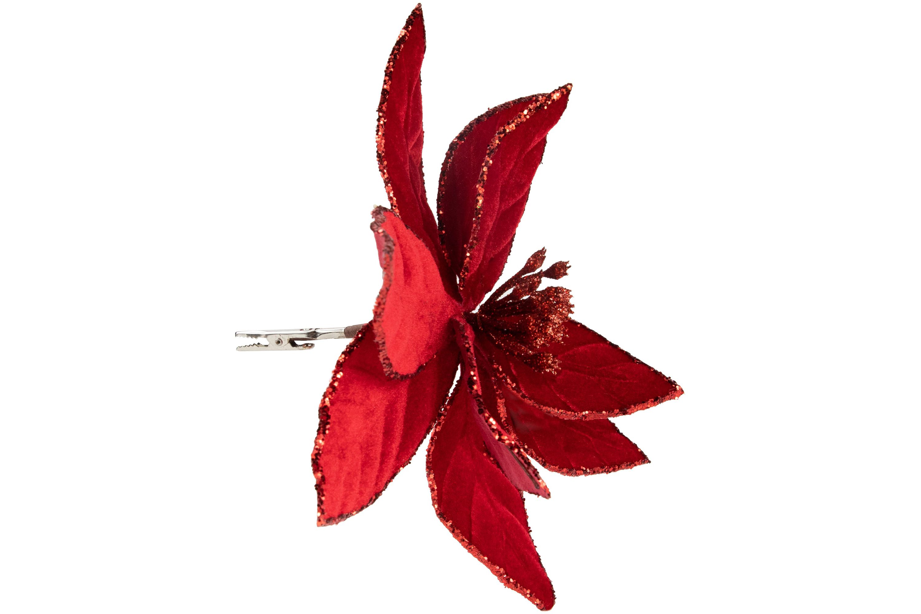 10inch Red Glittered Poinsettia Christmas Floral Pick Clip-On Ornament