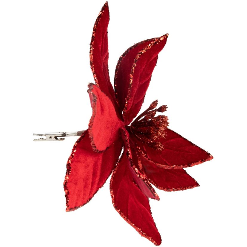 10inch Red Glittered Poinsettia Christmas Floral Pick Clip-On Ornament