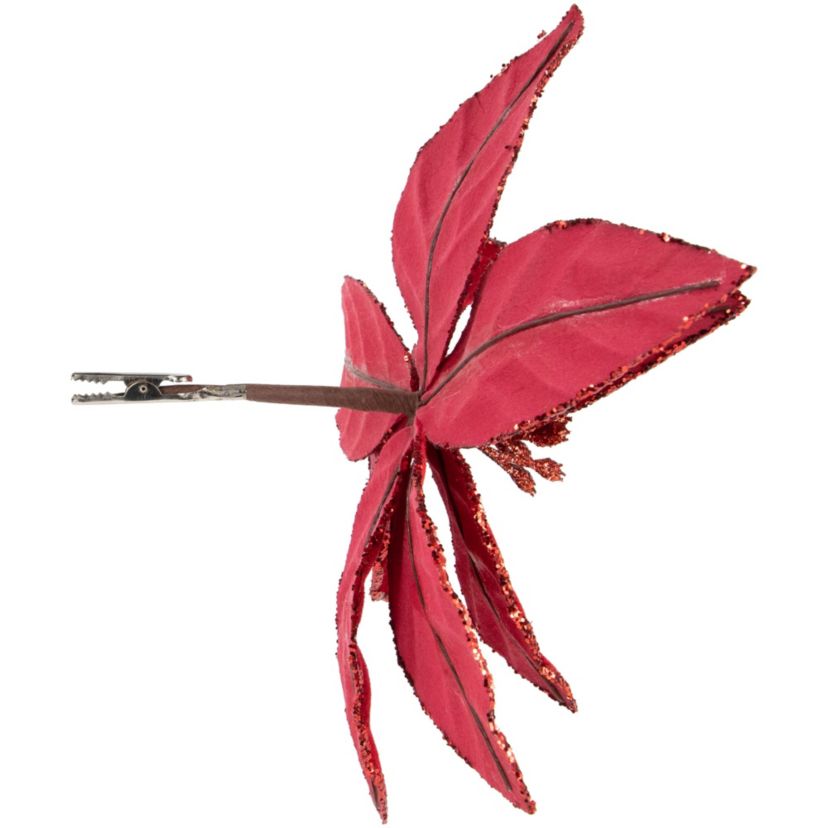 10inch Red Glittered Poinsettia Christmas Floral Pick Clip-On Ornament