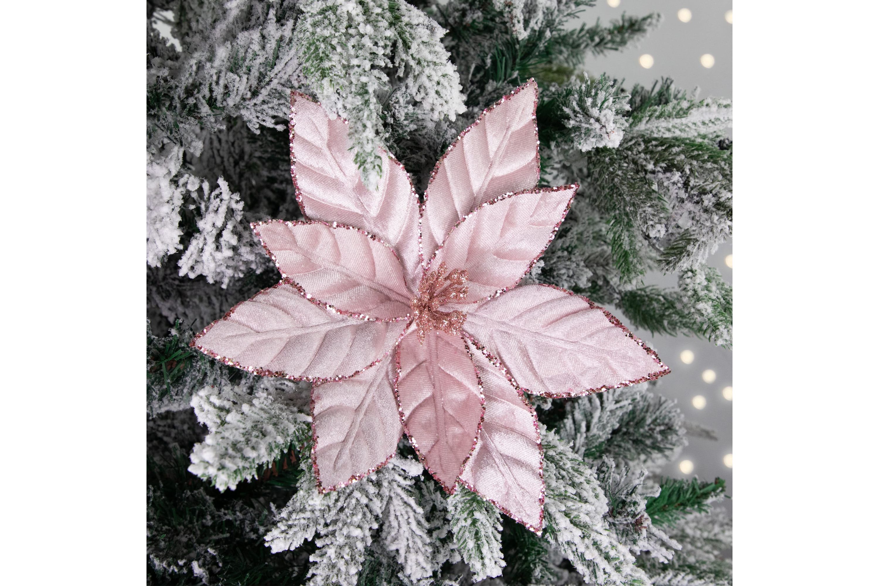 10inch Pink Glittered Poinsettia Christmas Floral Pick Clip-On Ornament