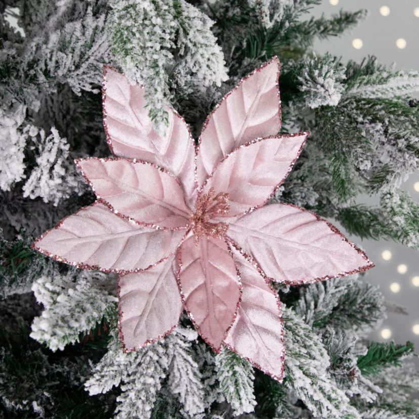 10inch Pink Glittered Poinsettia Christmas Floral Pick Clip-On Ornament