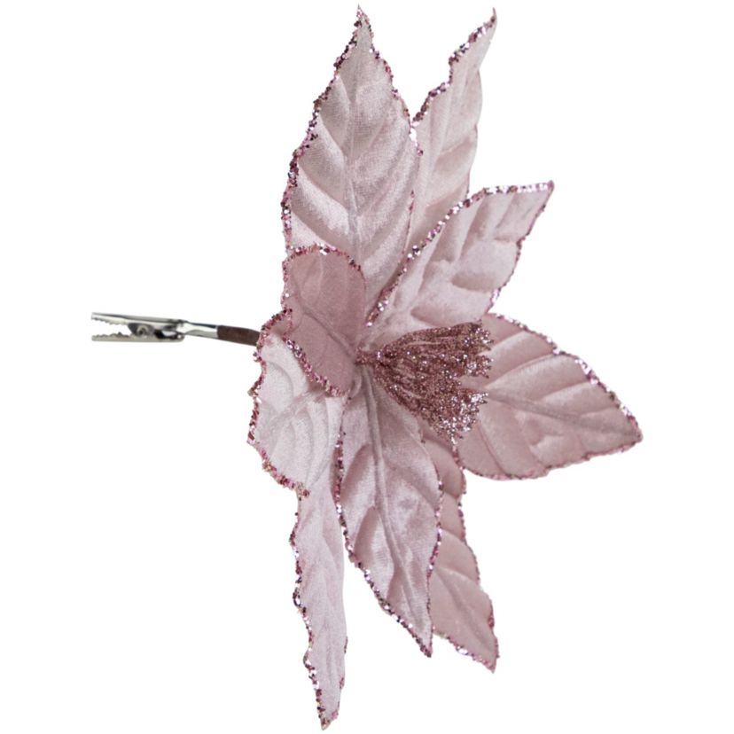10inch Pink Glittered Poinsettia Christmas Floral Pick Clip-On Ornament
