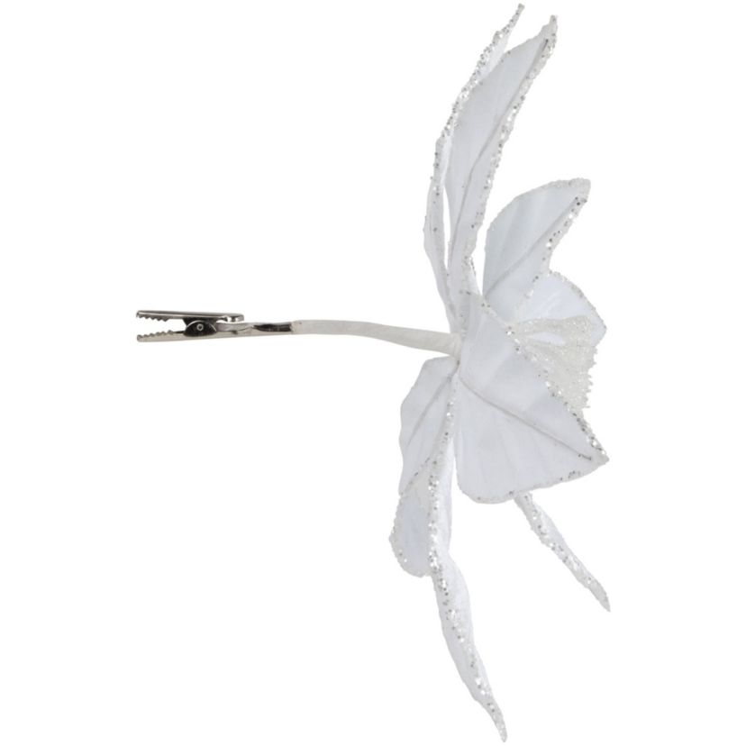 10inch Snow White Glittered Poinsettia Christmas Floral Pick Clip-On Ornament