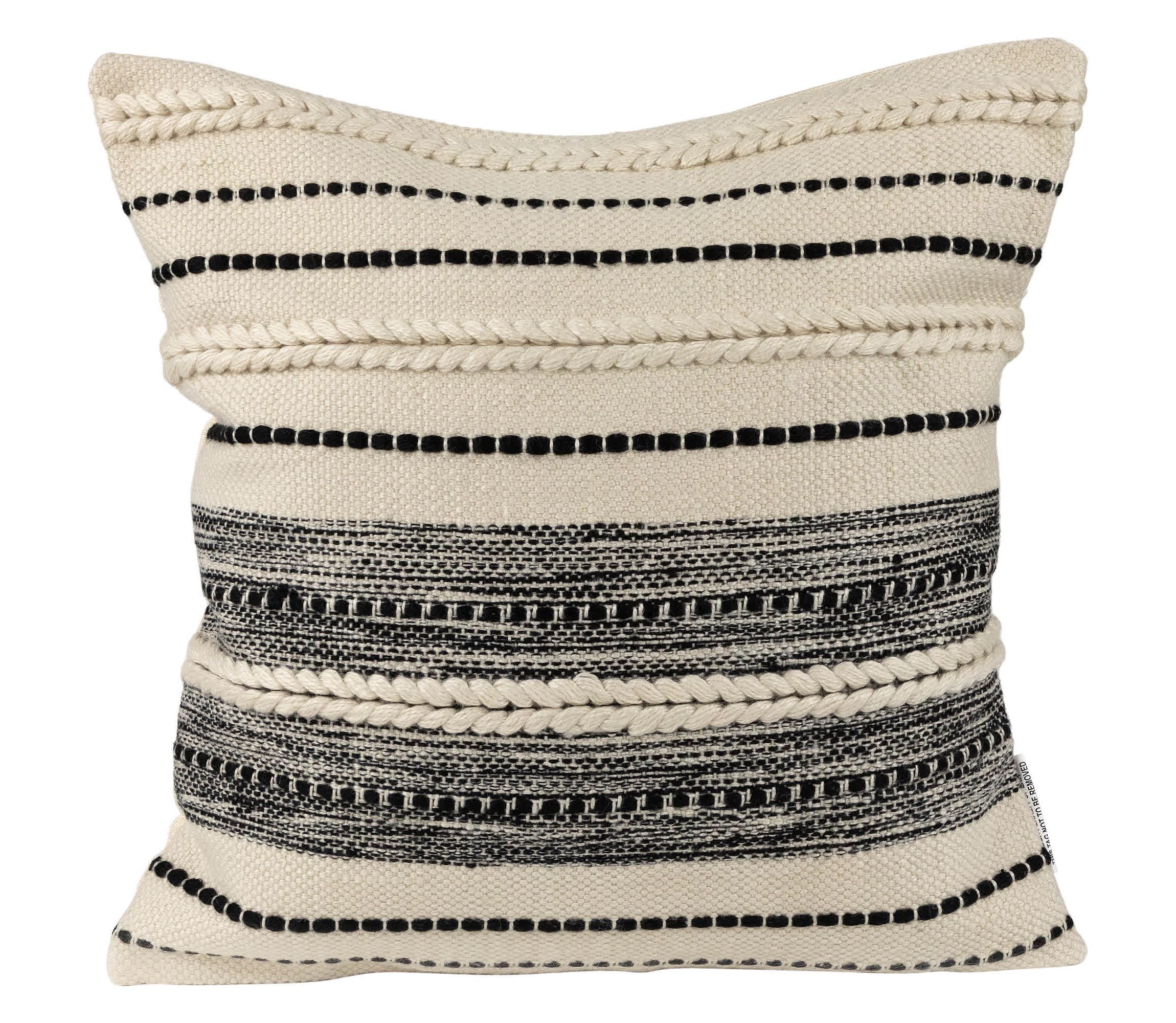 20" Cream and Black Twisted Textured Block Handloom Woven Outdoor Square Throw Pillow