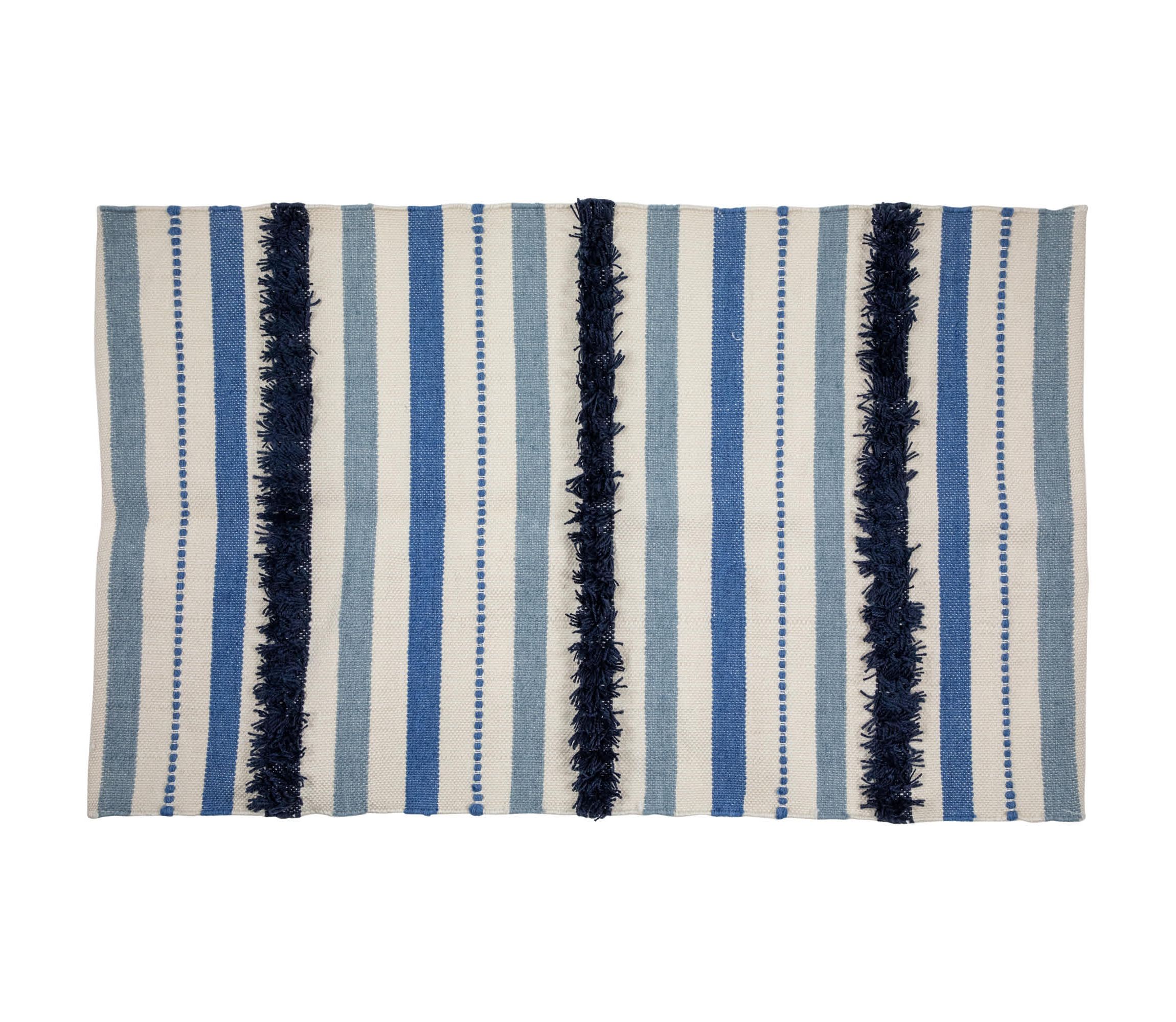3.5 x 2.25 Blue  Cream and Black Striped Handloom Woven Outdoor Accent Throw Rug