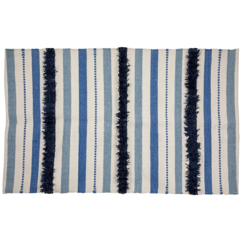 3.5 x 2.25 Blue  Cream and Black Striped Handloom Woven Outdoor Accent Throw Rug