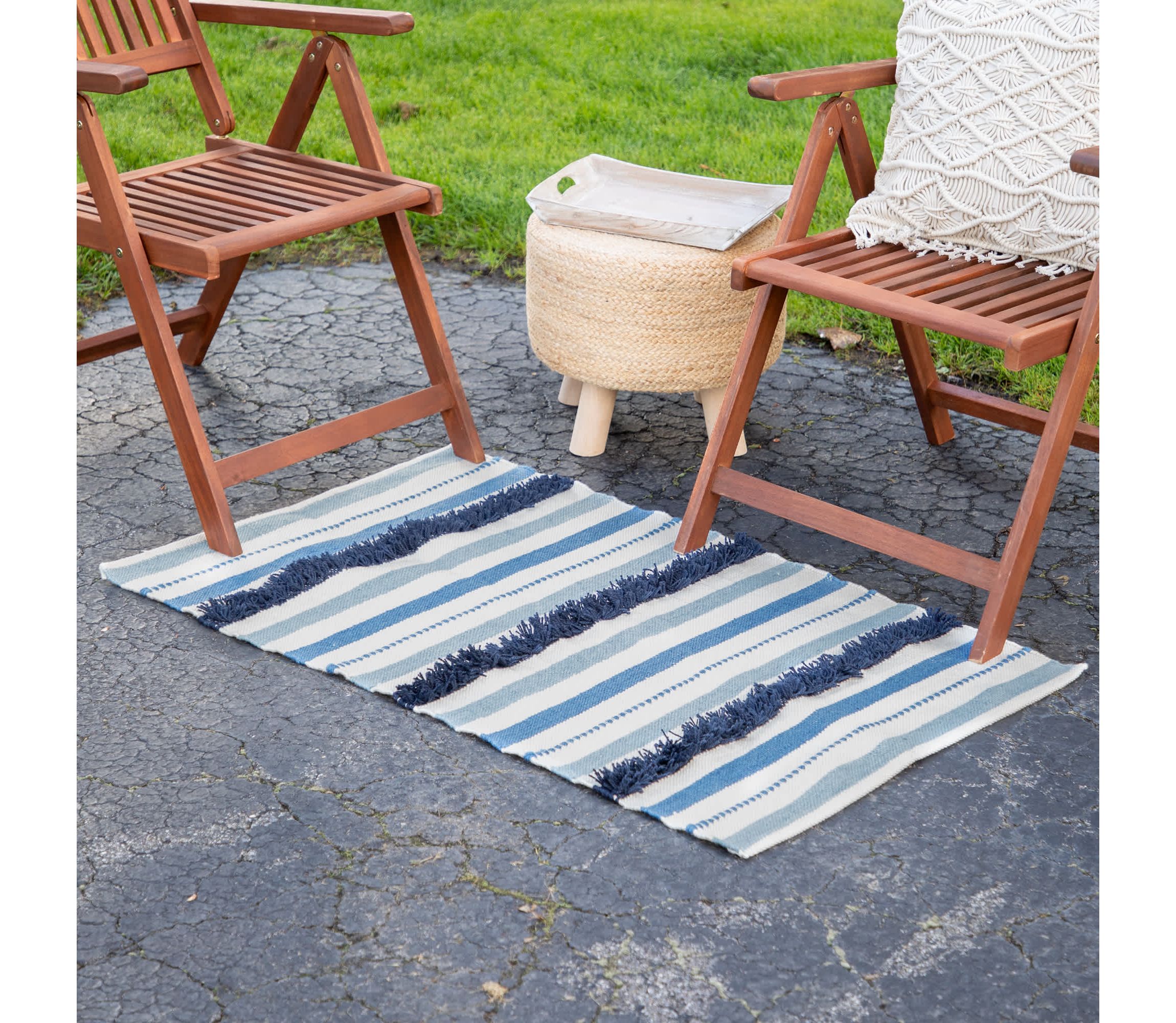 3.5 x 2.25 Blue  Cream and Black Striped Handloom Woven Outdoor Accent Throw Rug
