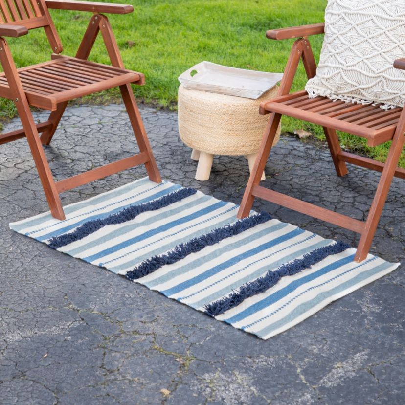 3.5 x 2.25 Blue  Cream and Black Striped Handloom Woven Outdoor Accent Throw Rug