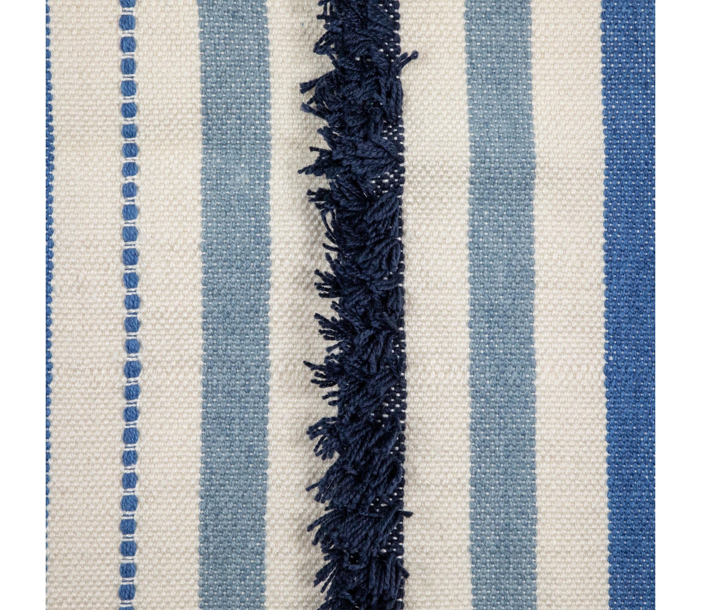 3.5 x 2.25 Blue  Cream and Black Striped Handloom Woven Outdoor Accent Throw Rug
