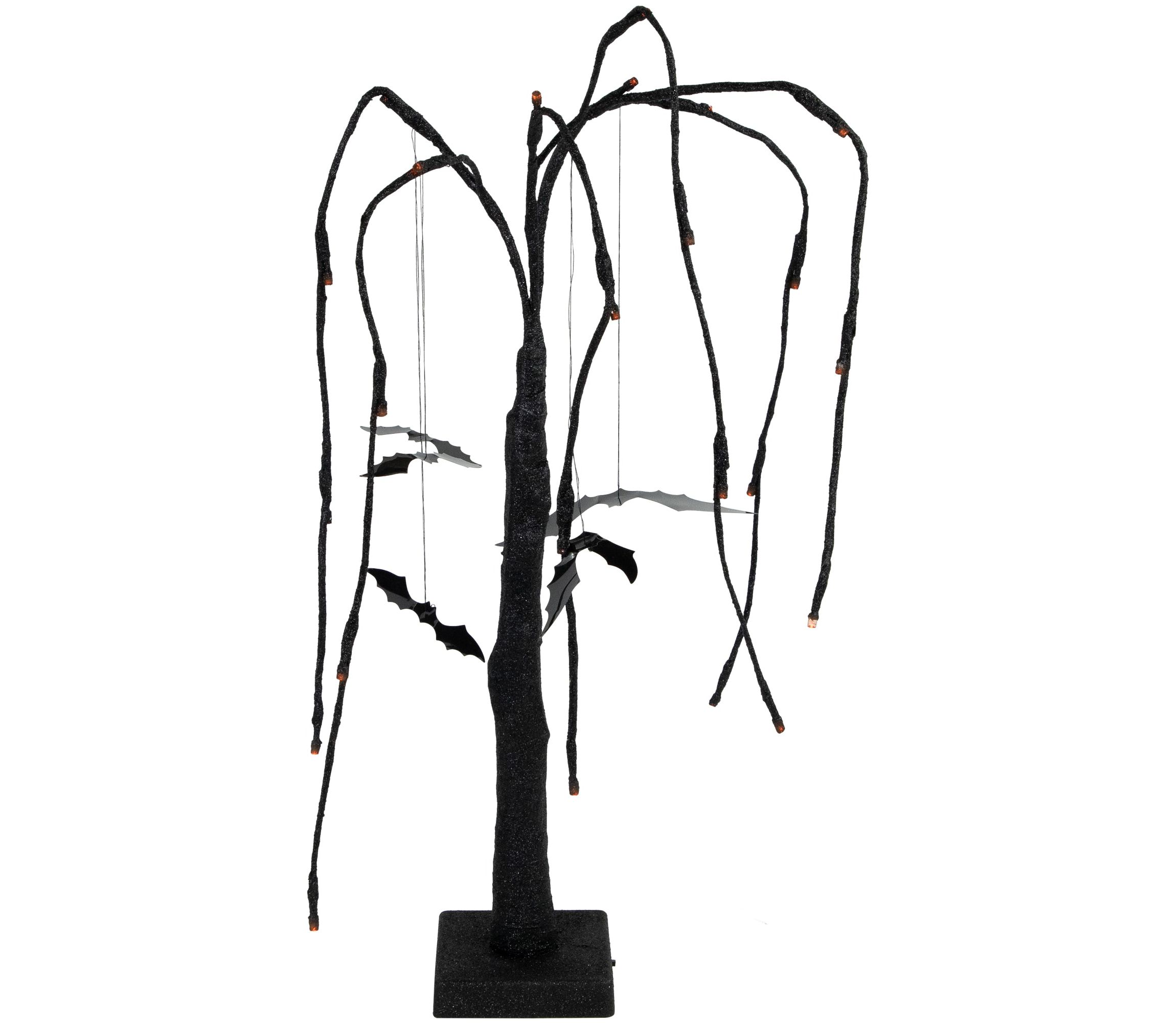 24inch LED Lighted Black Glittered Halloween Willow Tree with Bats - Orange Lights