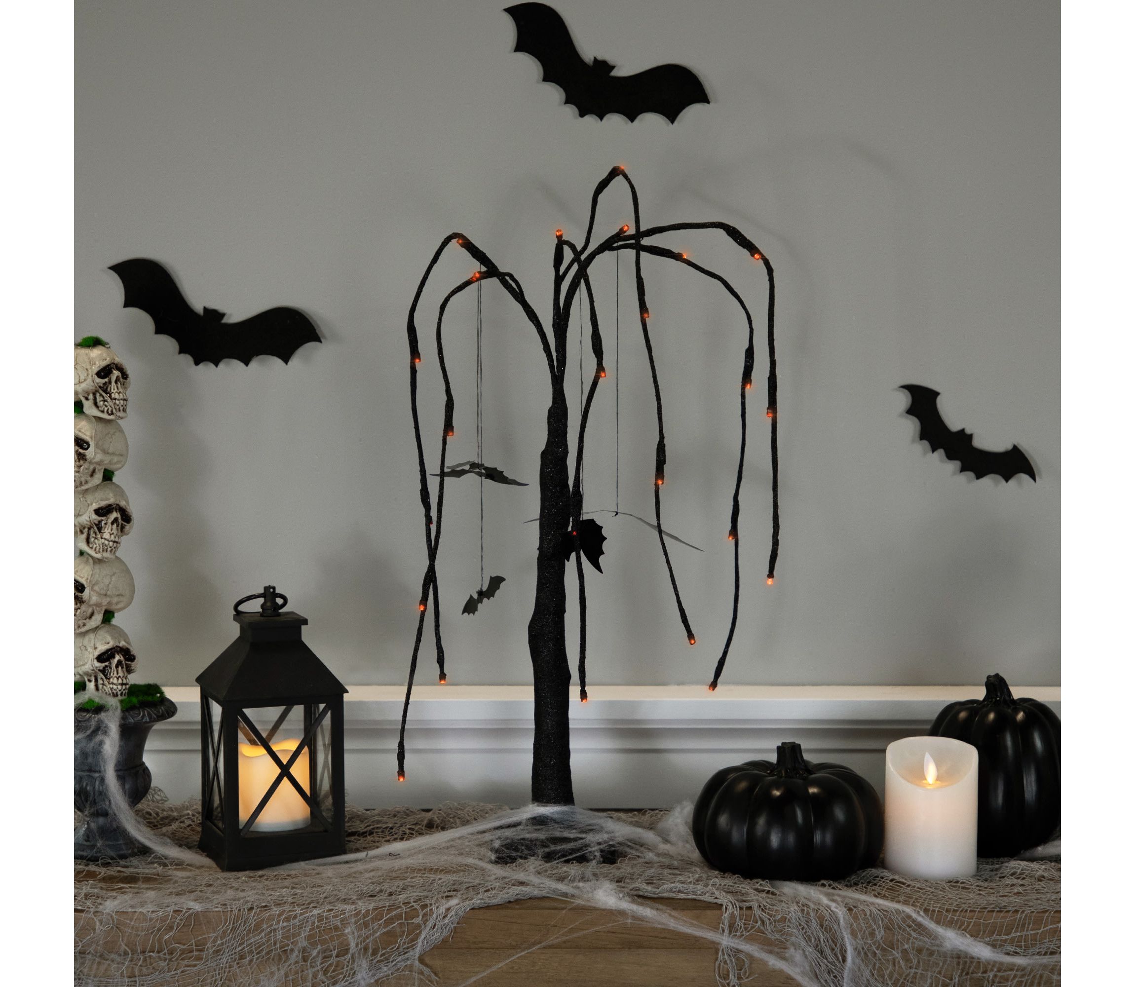 24inch LED Lighted Black Glittered Halloween Willow Tree with Bats - Orange Lights