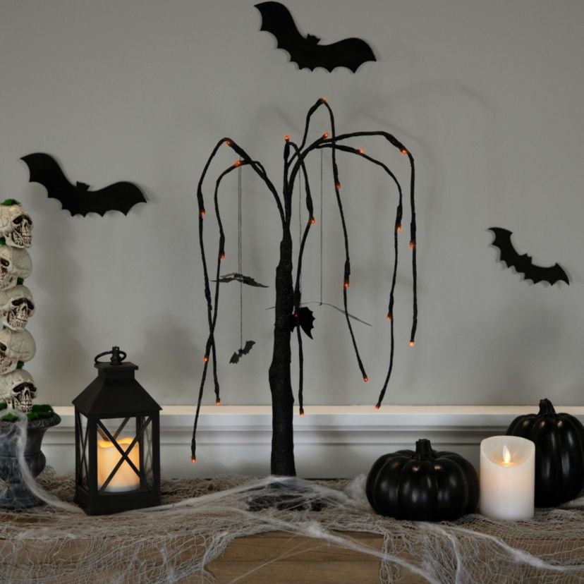 24inch LED Lighted Black Glittered Halloween Willow Tree with Bats - Orange Lights
