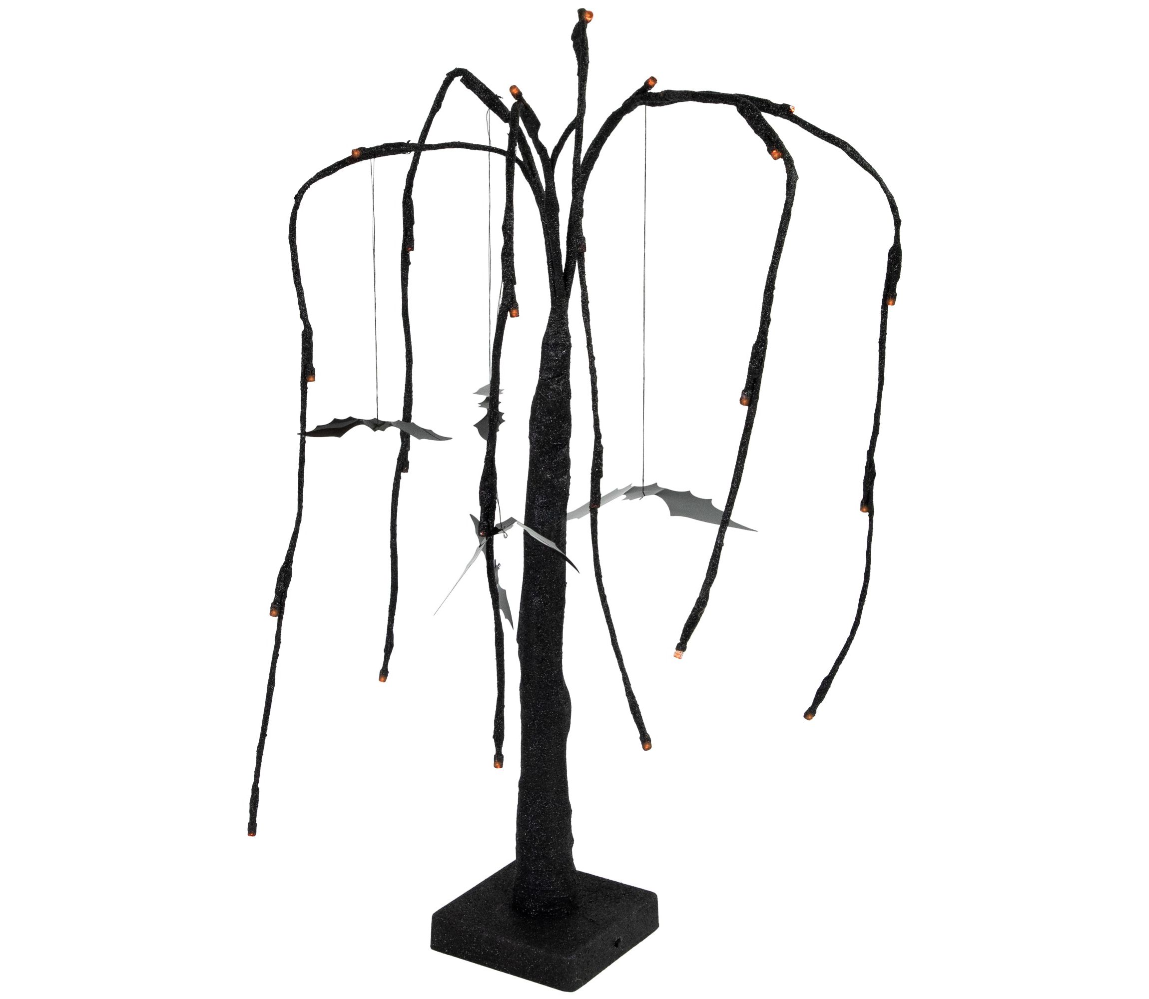 24inch LED Lighted Black Glittered Halloween Willow Tree with Bats - Orange Lights