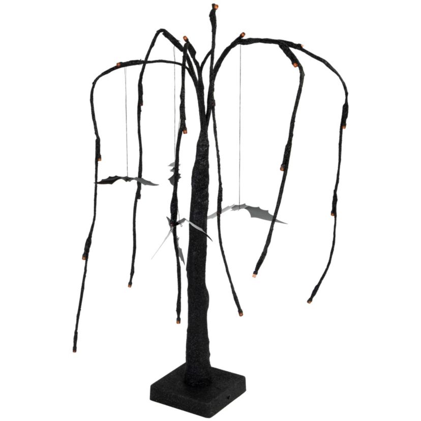 24inch LED Lighted Black Glittered Halloween Willow Tree with Bats - Orange Lights