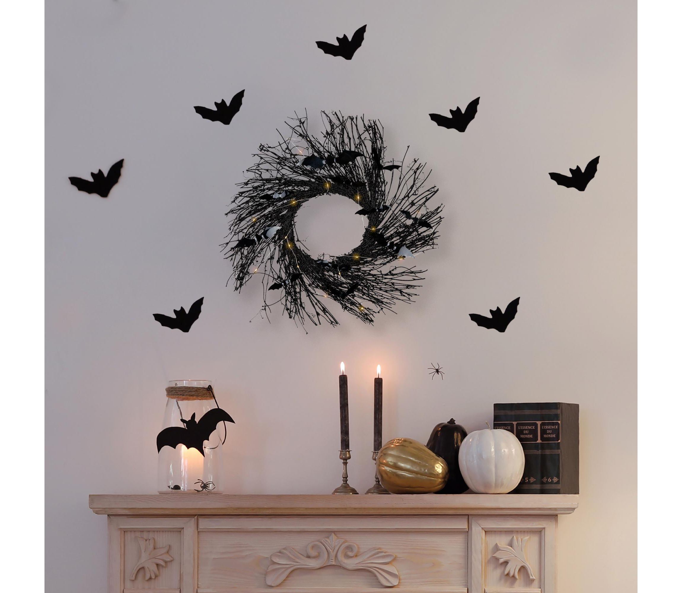 Black Halloween Twig Wreath with Bats and Warm White Lights  22-Inch