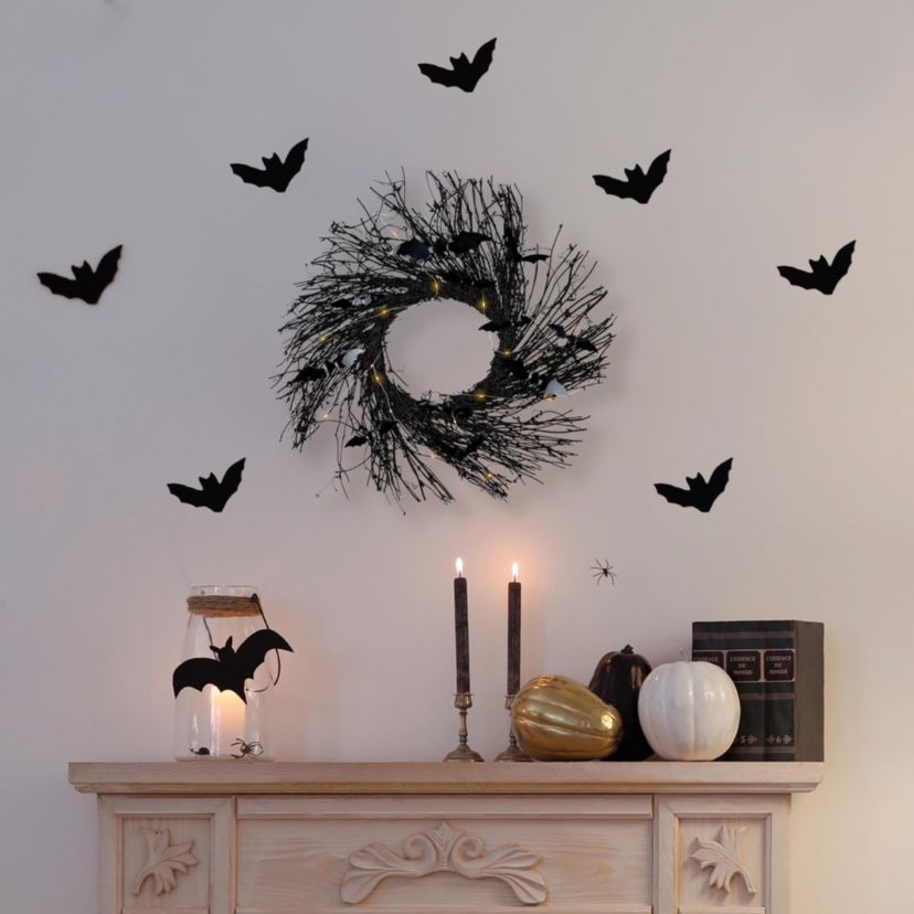 Black Halloween Twig Wreath with Bats and Warm White Lights  22-Inch