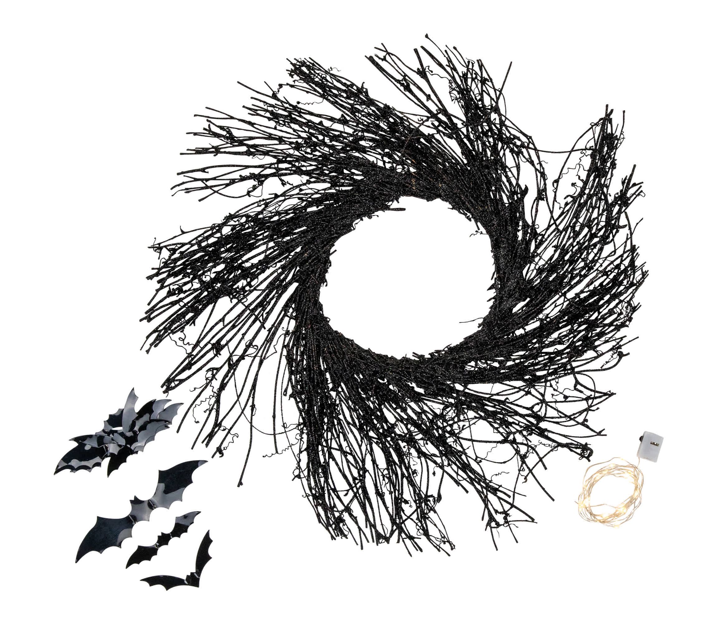 Black Halloween Twig Wreath with Bats and Warm White Lights  22-Inch
