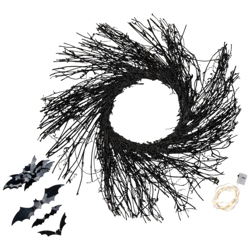 Black Halloween Twig Wreath with Bats and Warm White Lights  22-Inch