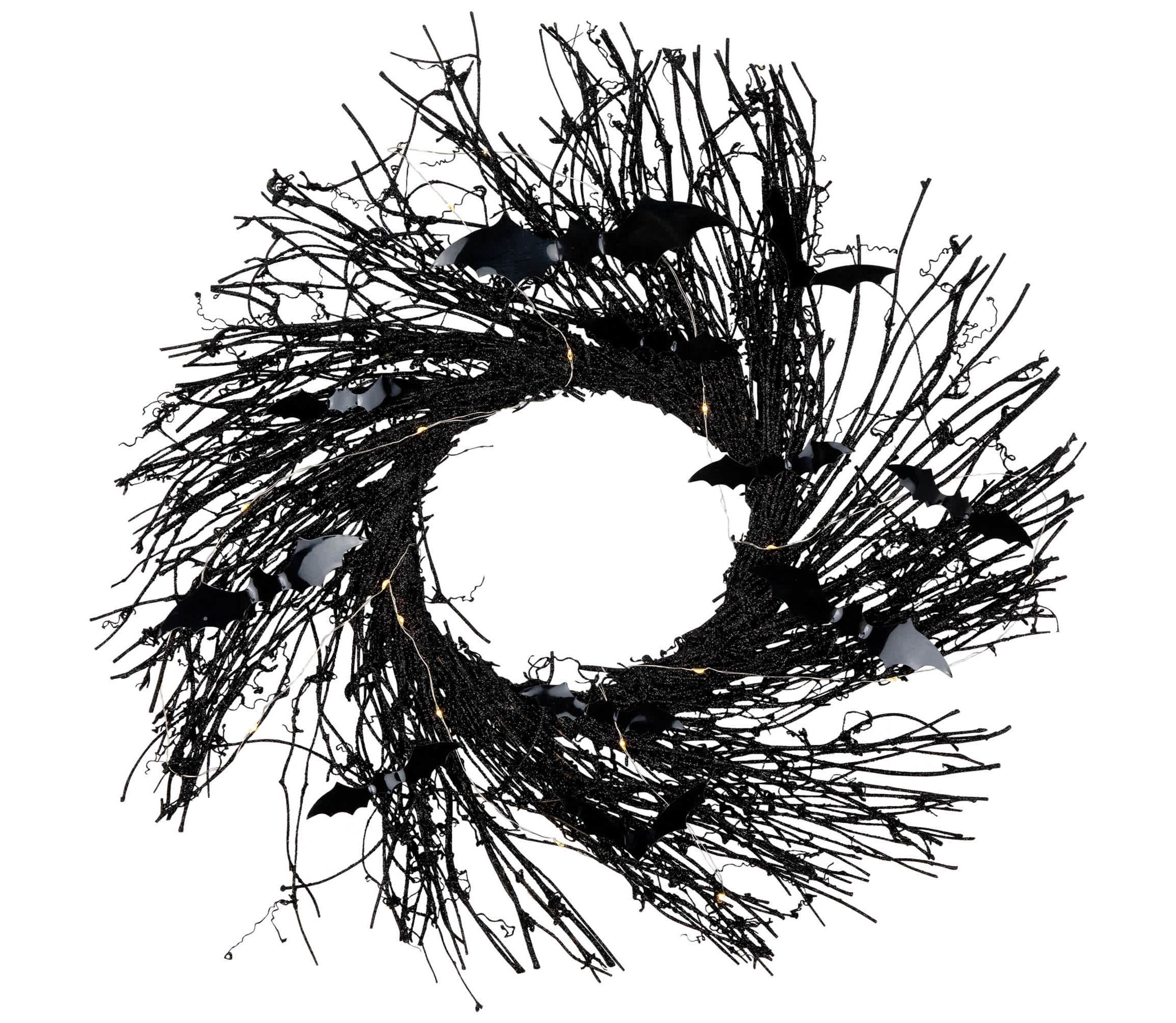 Black Halloween Twig Wreath with Bats and Warm White Lights  22-Inch